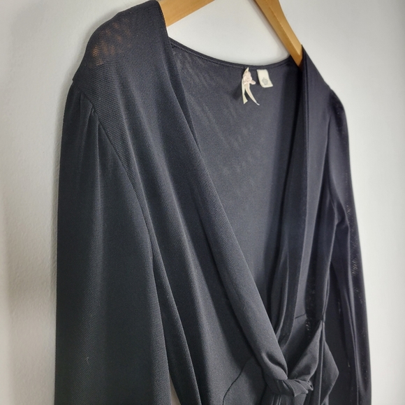 Maeve Y2K Sheer Nylon Mesh Belted Knot Front Long Sleeve Deep V Neck Blouse - Picture 4 of 8